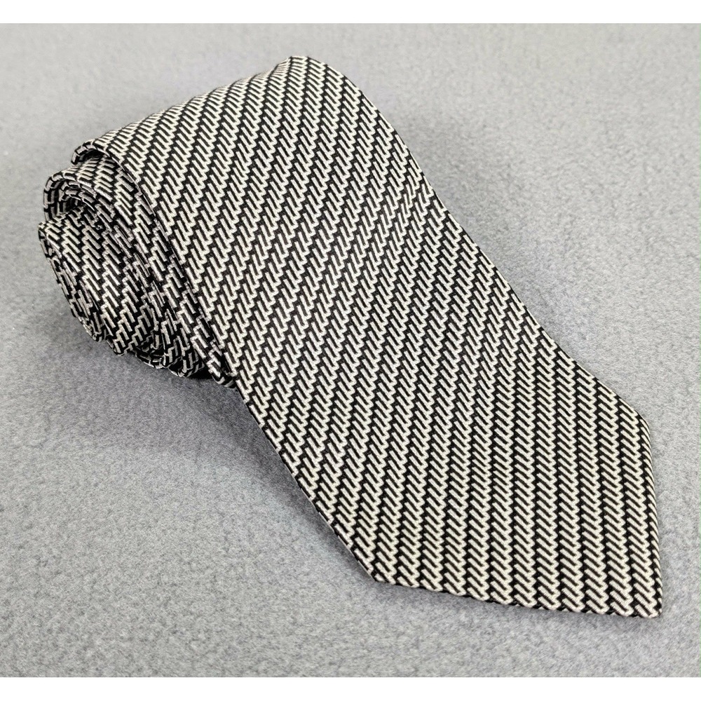 Vintage Lauren Ralph Lauren Mens 100% Silk Tie White Black Geometric Preppy USA